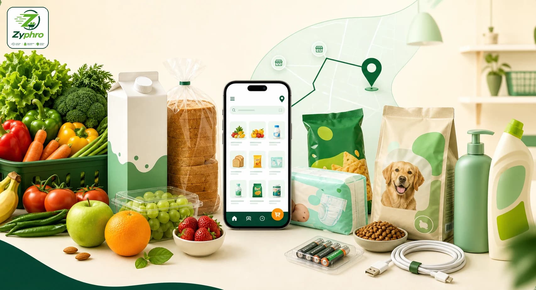 Zyphro branded groceries, essentials, app screen and neighbourhood delivery map
