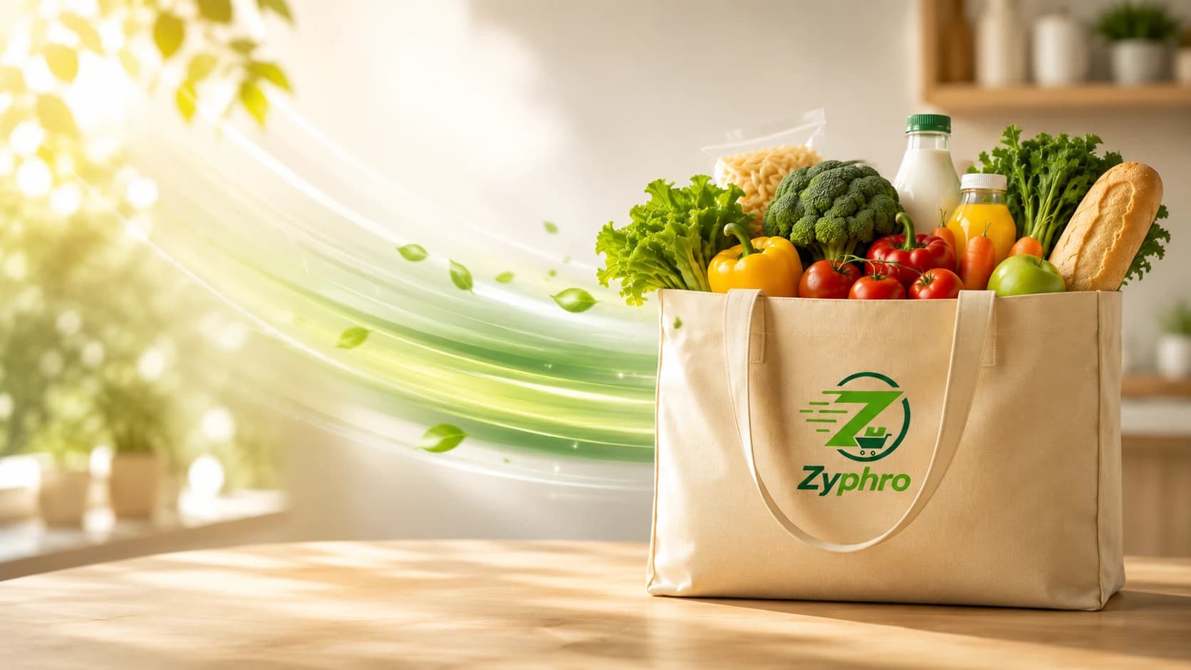 A canvas Zyphro tote bag filled with fresh groceries