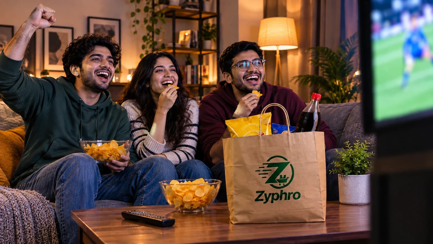 Friends cheering while watching a match at home with snacks and drinks delivered in a Zyphro bag